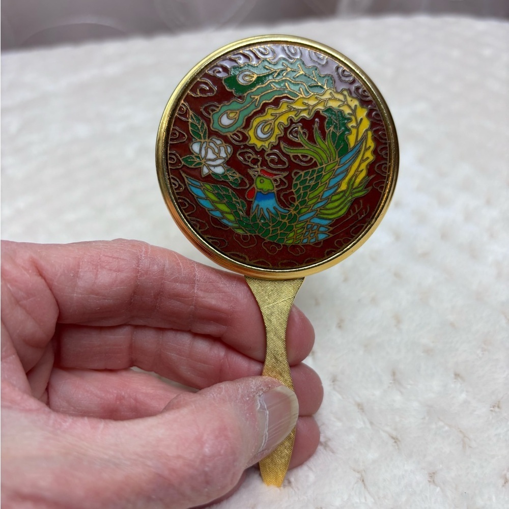 Vintage Cloisonné Peacock Handheld Pocket Mirror